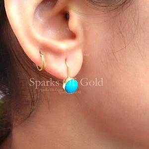 3.75 Ct Natural Turquoise Hook Earrings Solid 14K Yellow Gold Minimalist Jewelry - Picture 1 of 8