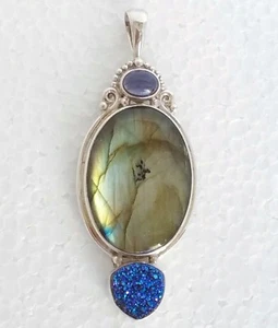 Sajen Pendant Sterling Silver 925 Large Labradorite, Iolite & Druzy Gemstones - Picture 1 of 11