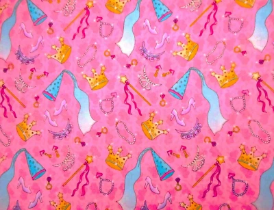 Girls Fabric 1 5/8 Yard SALE Princess Wand Crown Shoes Jewel Hat Pink Cotton Vtg - Image 1 of 2