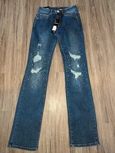 Bebe Jeans Womens Size 0/25 Embellished Ripped Rhinestones NWT - Picture 1 of 19