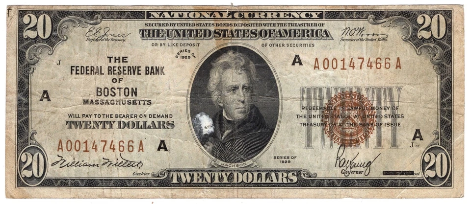 $20 1929 Federal Reserve Bank Note Boston Fr#1870-A - Image 1 of 2