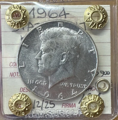 STATI UNITI KENNEDY 1/2 DOLLARO 1964 12,5 gr ARGENTO 900 sigillata SPL+ - Immagine 1 di 3