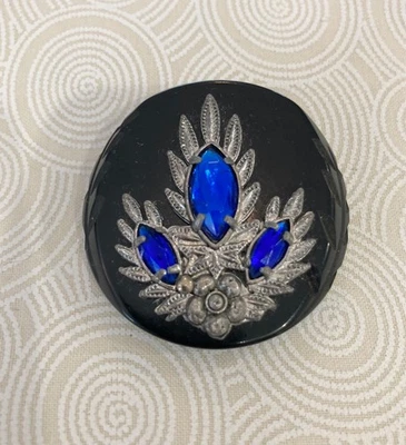 Vintage Extra large Carved Bakelite Button silver & Cobalt Blue Glass Jewel - Image 1 of 4
