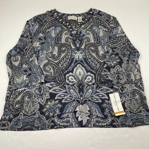 Alfred Dunner Blouse Top Women’s Size 3X Split Neck Sequin Jeweled Black Gray - Picture 1 of 9
