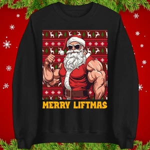 Merry Liftmas Funny Christmas Jumper, Santa Bodybuilder Xmas Gym Lover Sweater - Picture 1 of 10
