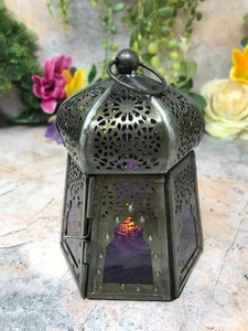 Antique Effect Moroccan Style Lantern Candle Purple Glass Tealight - Picture 1 of 5