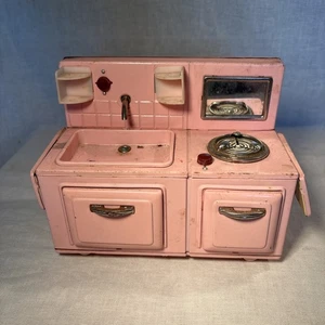 Vintage Small Pink Childs Play Kitchen Sink Stove Oven Cabinet Metal Tin - Picture 1 of 13