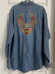 Harley Davidson Vintage Men’s Button Down Denim Shirt Blue XL Embroidered Eagle  - Picture 1 of 15