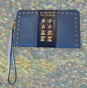 Michael Kors Adele Studded Saffiano Leather Smartphone Wallet in Blue- NWT - Picture 1 of 22