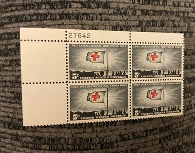 SC# 1239 - 1963 - 5c International Red Cross 4 stamp block with plate #- MNH - Image 1 of 2