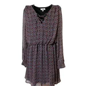 OLSENBOYE Dress Size LARGE Blue  Red Geometric Print V-Neck Long Sleeve Lined  - Picture 1 of 11