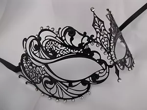 Black Metal With Ribbons Masquerade Fancy Party Diamante Venetian Style Mask - Picture 1 of 3