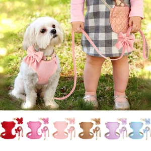 3pcs Cute Pet Puppy Cat Dog Vest Harness+Lead+Bowtie Collar Pink Blue Red Purple - Picture 1 of 42