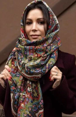 Шарф 53' квадратный 100% шерсти мериноса русский Павлово Посад шаль бордовый красный 1763 - Изображение 1 из 4