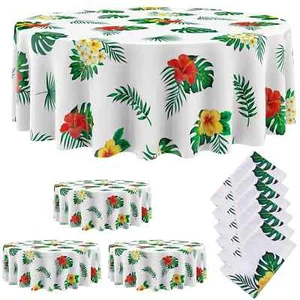 Oudain 6 Pieces Hawaiian Tablecloth 84 Inch Luau Tropical Flower Round Table 1 - Picture 1 of 7