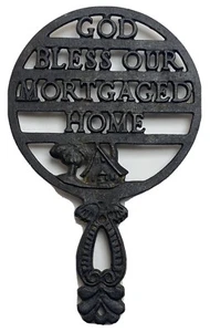 Vtg Wilton Black Cast Iron Footed Trivet Wall God Bless Our Mortgaged Home - Picture 1 of 4