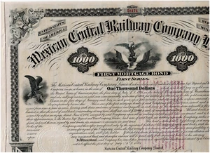 Mexican Central Railway Co.Ltd., 1881, $1000 Bond, TOP, uncancelled/ coupons, VF - Bild 1 von 4
