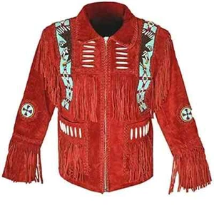 Men Western Cowboy Suede Fringe Jacket Beaded Native American Leather Jacket - Picture 1 of 3