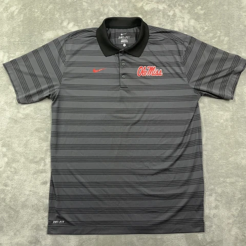 Nike Shirt Mens Large Polo Black Dri-Fit Striped Ole Miss Rebels Team Apparel Cover