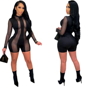 Sexy Mono Para Mujer Malla Transparente Retazos Manga Larga Bodycon Mameluco Mono de Juego - Imagen 1 de 11