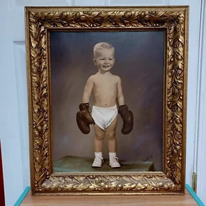 Vintage ADORABLE LITTLE BOY WITH BOXING GLOVES ON 1950S - 2 YEARS OLD - Picture 1 of 18
