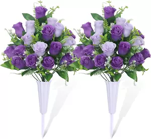 Set of 2 Artificial Cemetery Flowers, Grave Memorial Flowers with Vase, Outdoor - Picture 1 of 12