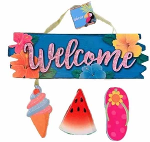 WELCOME Summer Sign Ice Cream Cone Watermelon Sandal Decor Glitter Wall Door NEW - Picture 1 of 6