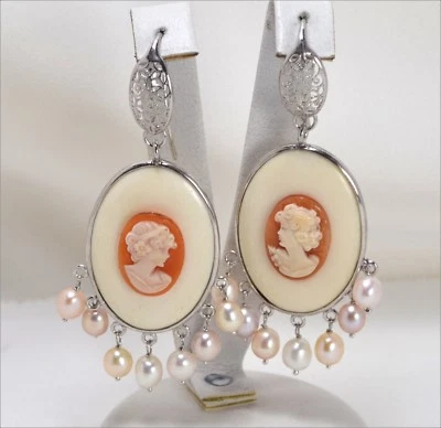 ORECCHINI IN ARGENTO 925 CON PERLE MULTICOLORE E CAMMEI CORNEOLA VOLTO AGHT 0410 - Immagine 1 di 3