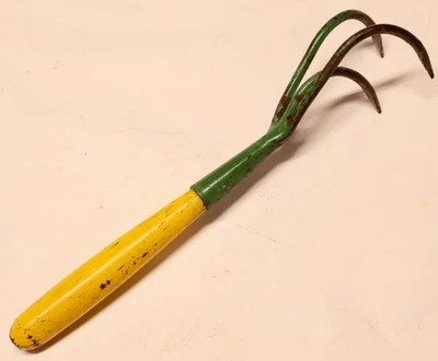 3 Tine Vintage Garden Tool - Cultivator w Yellow & Green Paint / MTT - Image 1 of 4