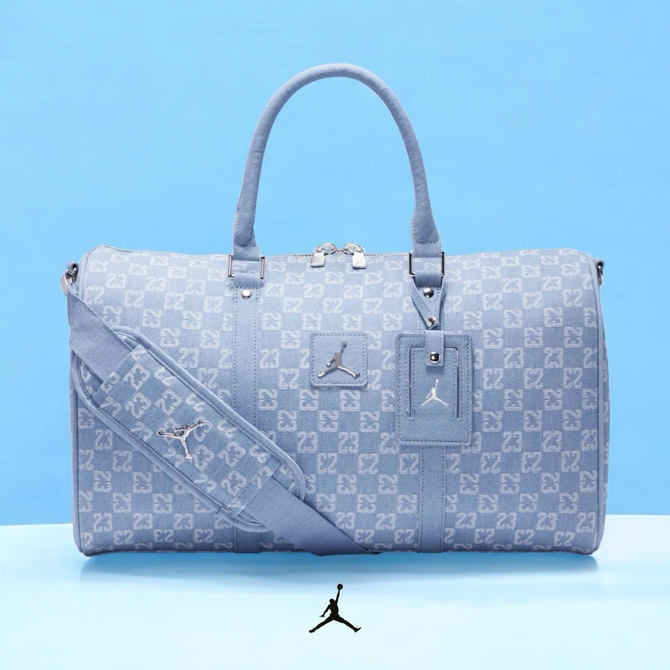 Nike Air Jordan Monogram Logo DENIM Jacquard Duffle Blue Luxury Travel Bag 25L