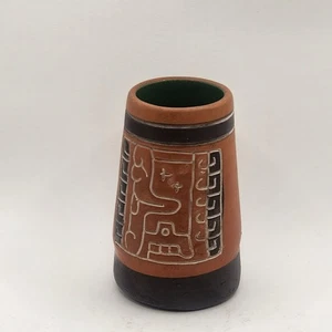 Mexikanische Volkskunst handgefertigte Vase Azteken/Maya grüne Glasur innen 3,5" hoch - Bild 1 von 6