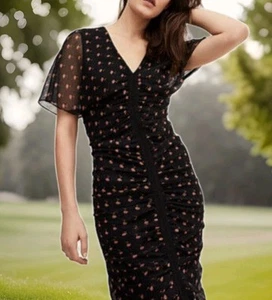 COUNTRY ROAD sz S 10 Floral Print RUCHED GATHERED DRESS Pencil BODYCON V-neck #Q - Picture 1 of 11