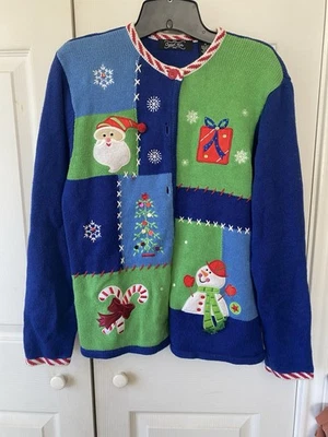 Рождественский кардиган хлопок/рами, винтажный женский размер средний, снеговик, Санта - Изображение 1 из 4