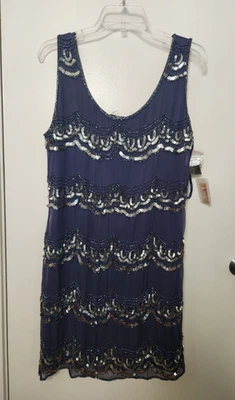 Pisarro Nights Blue Silk Beaded Sequin Sz 10 Sleeveless Side Zip Dress NWT Party - Image 1 of 4