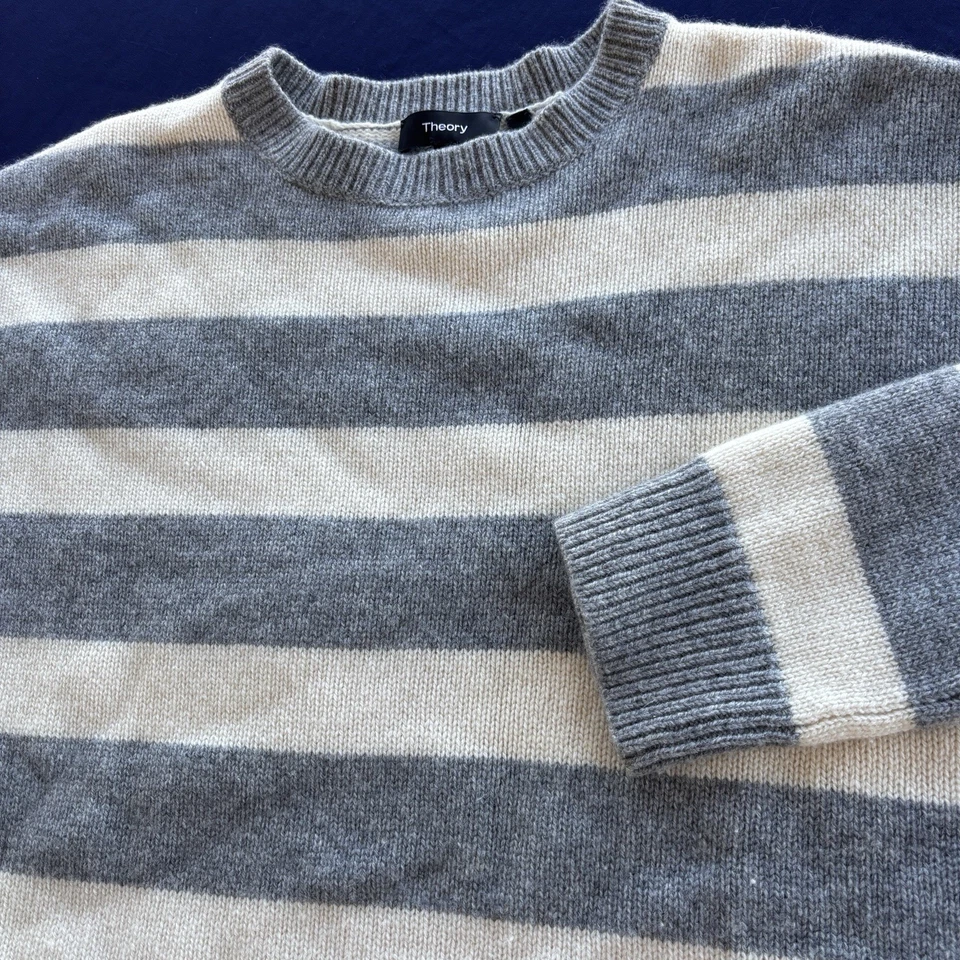 Theory 100% Cashmere Striped Sweater Womens Small Gray Ivory Karenia ST Flawed - Image 1 of 4