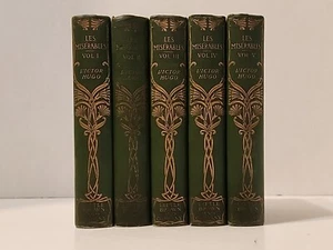 Antique 1887 Victor Hugo Complete 1-5 LES MISERABLES Gold Gilt GREEN Handy Ed - Picture 1 of 23