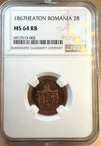 1867 Romania, Heaton, 2 Two Bani, KM# 2.1, NGC MS 64 RB - Picture 1 of 5