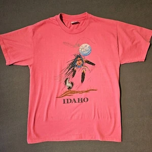 Vintage 1990s L Pink Native American Woman Shirt Single Stitch Moon Horse Idaho - Picture 1 of 9