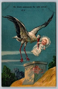 AK Herr Storch kündigt die sichere Ankunft eines... Baby Ankündigung Fantasy - Bild 1 von 2