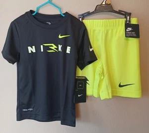 Nike 3Brand Shorts Set 4 Boys Black & Neon Yellow T-Shirt & Mesh Shorts - Picture 1 of 5