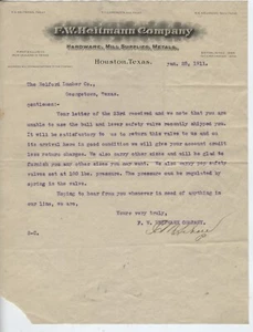 1911 LETTERHEAD, HOUSTON TEXAS, F W HEITMAN (WHOLESALE) HARDWARE CO. - Picture 1 of 2