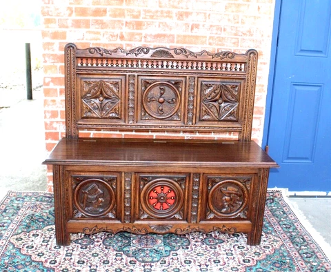 French Antique Oak Wooden Britany Style Bench / Storage Trunk Cover