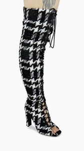 HOUNDSTOOTH THIGH HIGH LACE UP PEEP TOE HIGH HEEL BOOTS WOMENS NEW - Picture 1 of 3