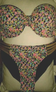 Victoria's Secret Neon ruched Bikini Top Strapless Gold Strappy Bottom 32D / S - Picture 1 of 10