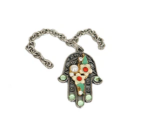 Jewish, Metal Key Chain, Hamsah Flowers Red & Green White Pearl Stones 1.5"T* - Picture 1 of 1