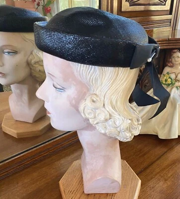 VTG 40s-50s Womens Hat Fine Black Tight Weave Original I.Magnin & Co - Image 1 of 4