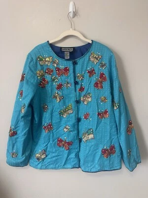 Indigo Moon Teal Blue Sequin Butterflies Jacket - Изображение 1 из 4
