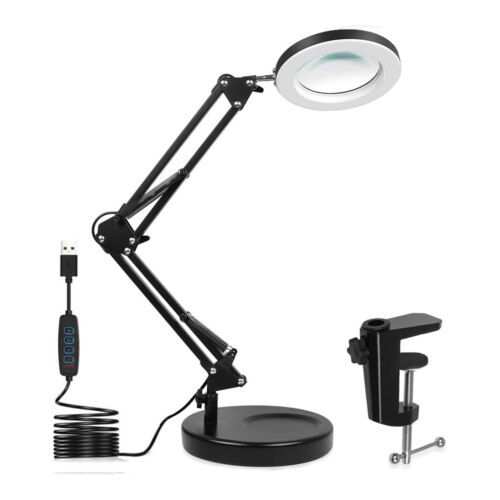 LED Desk Lamp 10X Magnifier Glass Foldable Light Stand Clamp Beauty Magnifying