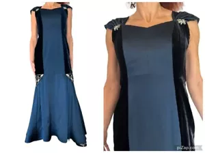 DONALD DEAL RUNWAY COUTURE BLUE BLACK VELVET RHINESTONE SLEEVELESS GOWN SMALL 4 - Picture 1 of 16