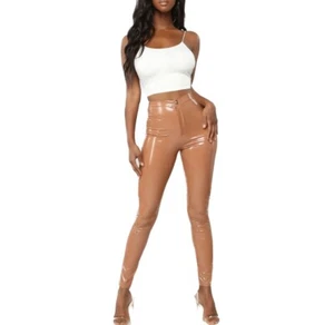 Women's Sexy Brown Night PU Vegan Leather Latex Vinyl High Rise Skinny Pants - S - Picture 1 of 2